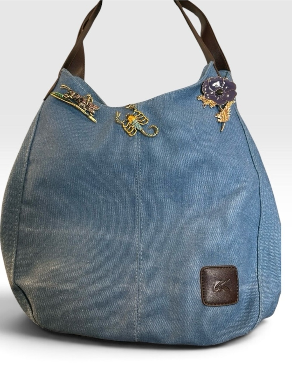 Blue Denim Canvas Hobo Tote Shoulder Bag 3 Brooches Multi Pocket